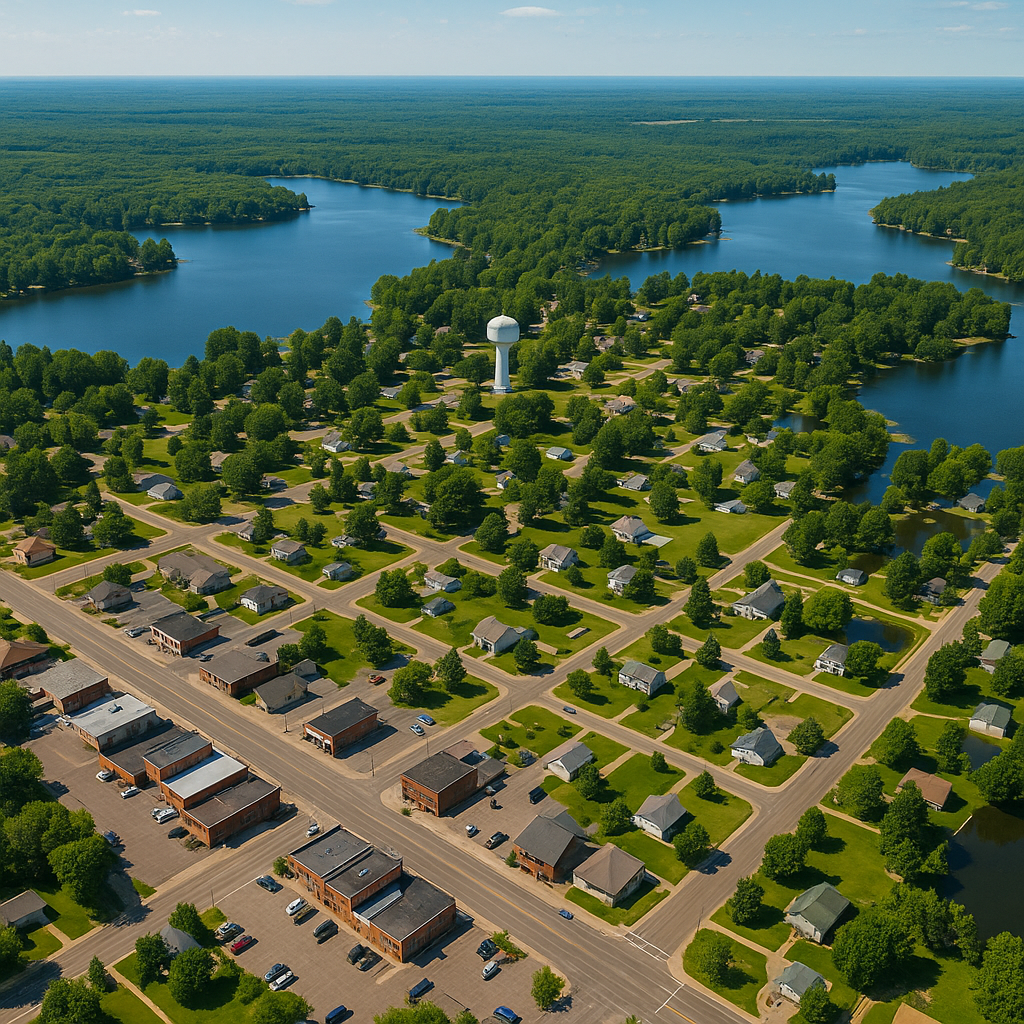 Beautiful Brainerd Lakes area landscape with lake view and charming local establishments around Pequot Lakes Minnesota